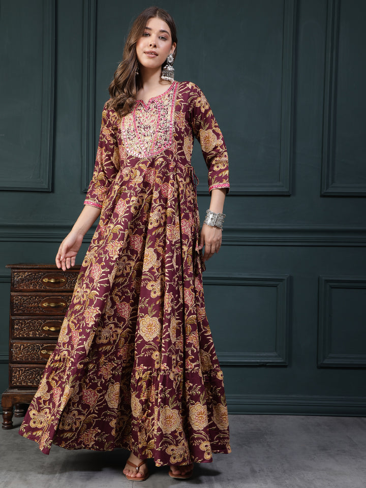 Floral Printed Embroidered Mirror Work Anarkali Kurta