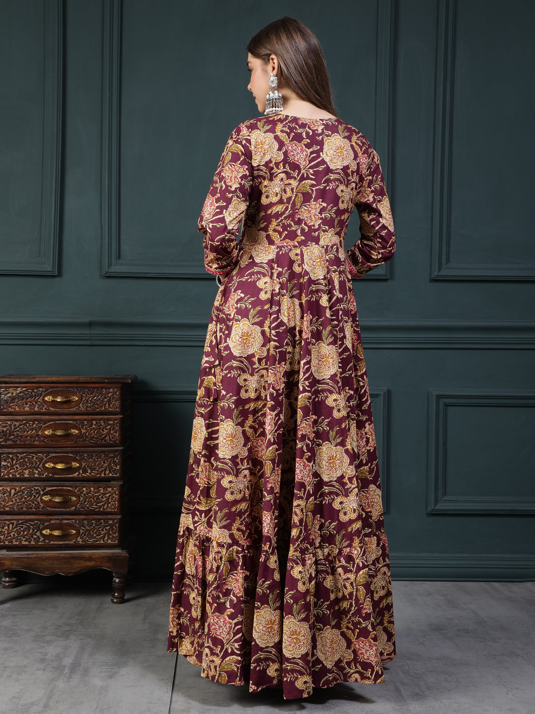 Floral Printed Embroidered Mirror Work Anarkali Kurta