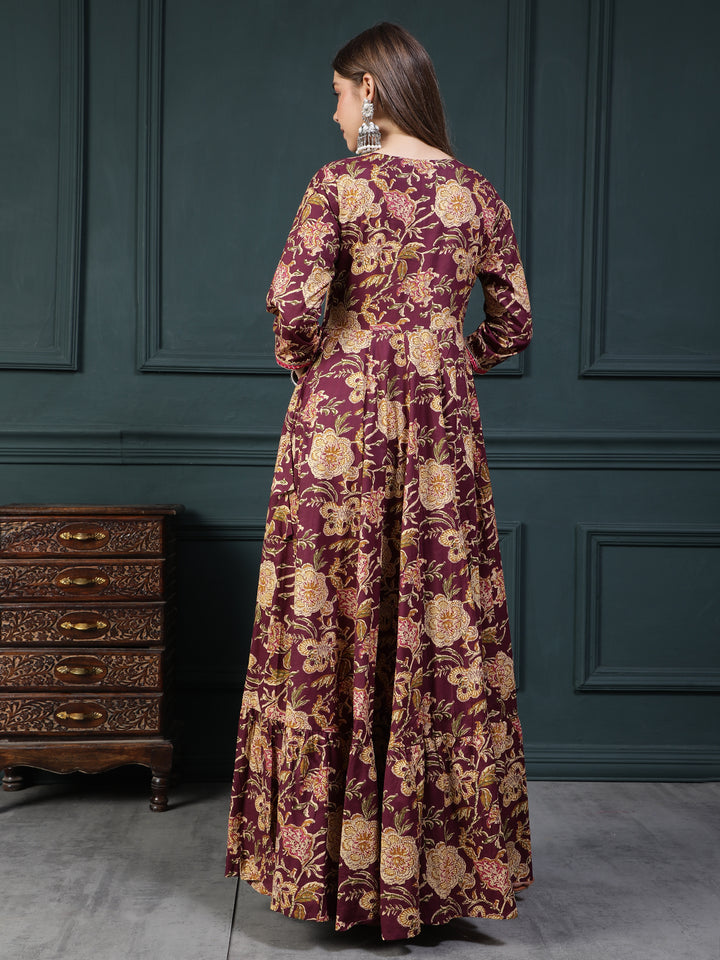 Floral Printed Embroidered Mirror Work Anarkali Kurta