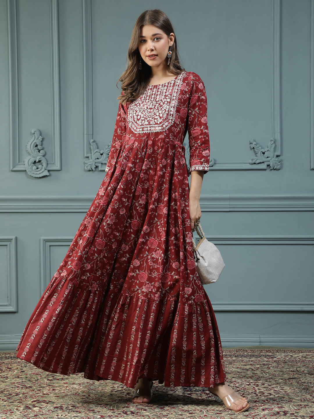 Floral Printed Embroidered Mirror Work Anarkali Kurta