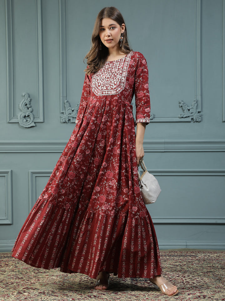 Floral Printed Embroidered Mirror Work Anarkali Kurta