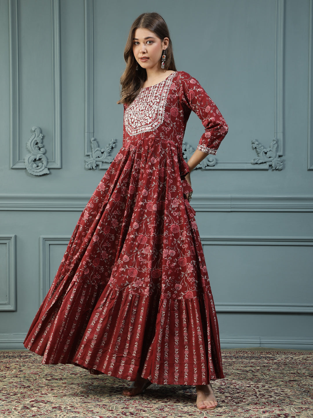 Floral Printed Embroidered Mirror Work Anarkali Kurta