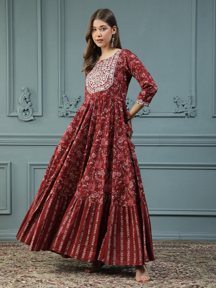 Floral Printed Embroidered Mirror Work Anarkali Kurta