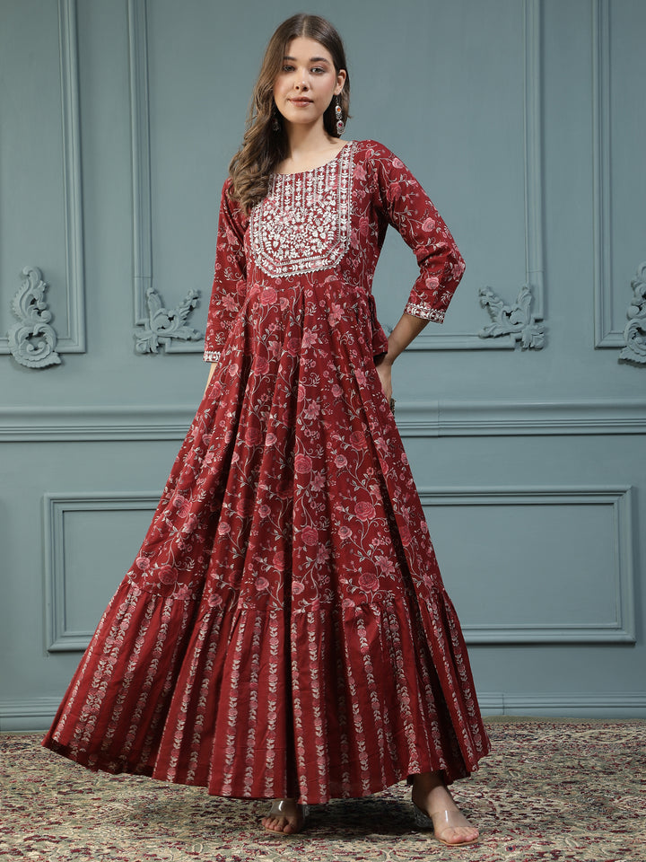 Floral Printed Embroidered Mirror Work Anarkali Kurta