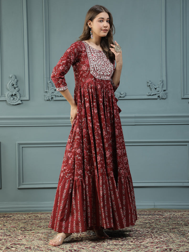 Floral Printed Embroidered Mirror Work Anarkali Kurta