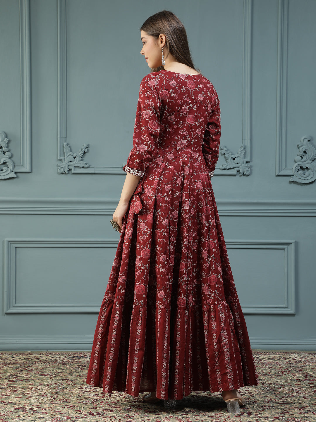 Floral Printed Embroidered Mirror Work Anarkali Kurta