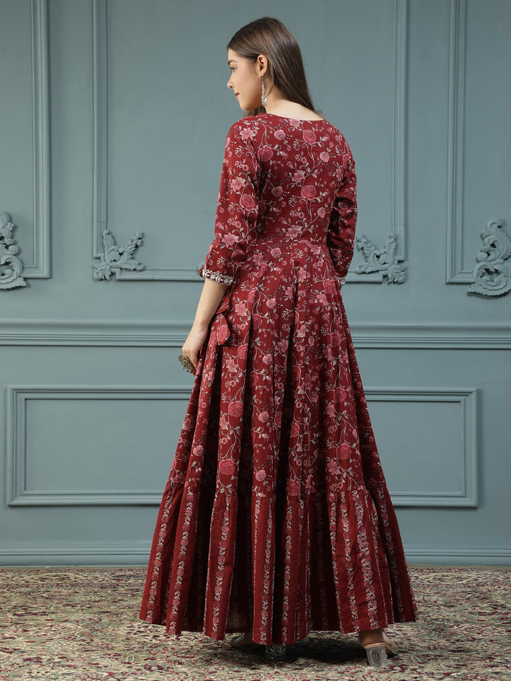 Floral Printed Embroidered Mirror Work Anarkali Kurta
