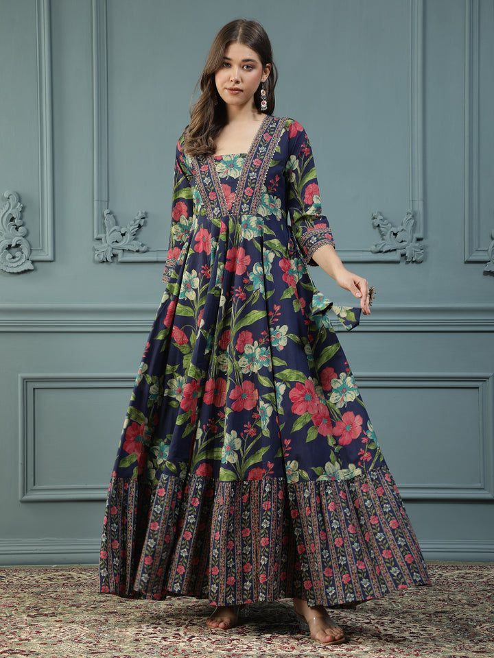 Floral Printed Embroidered Mirror Work Anarkali Kurta