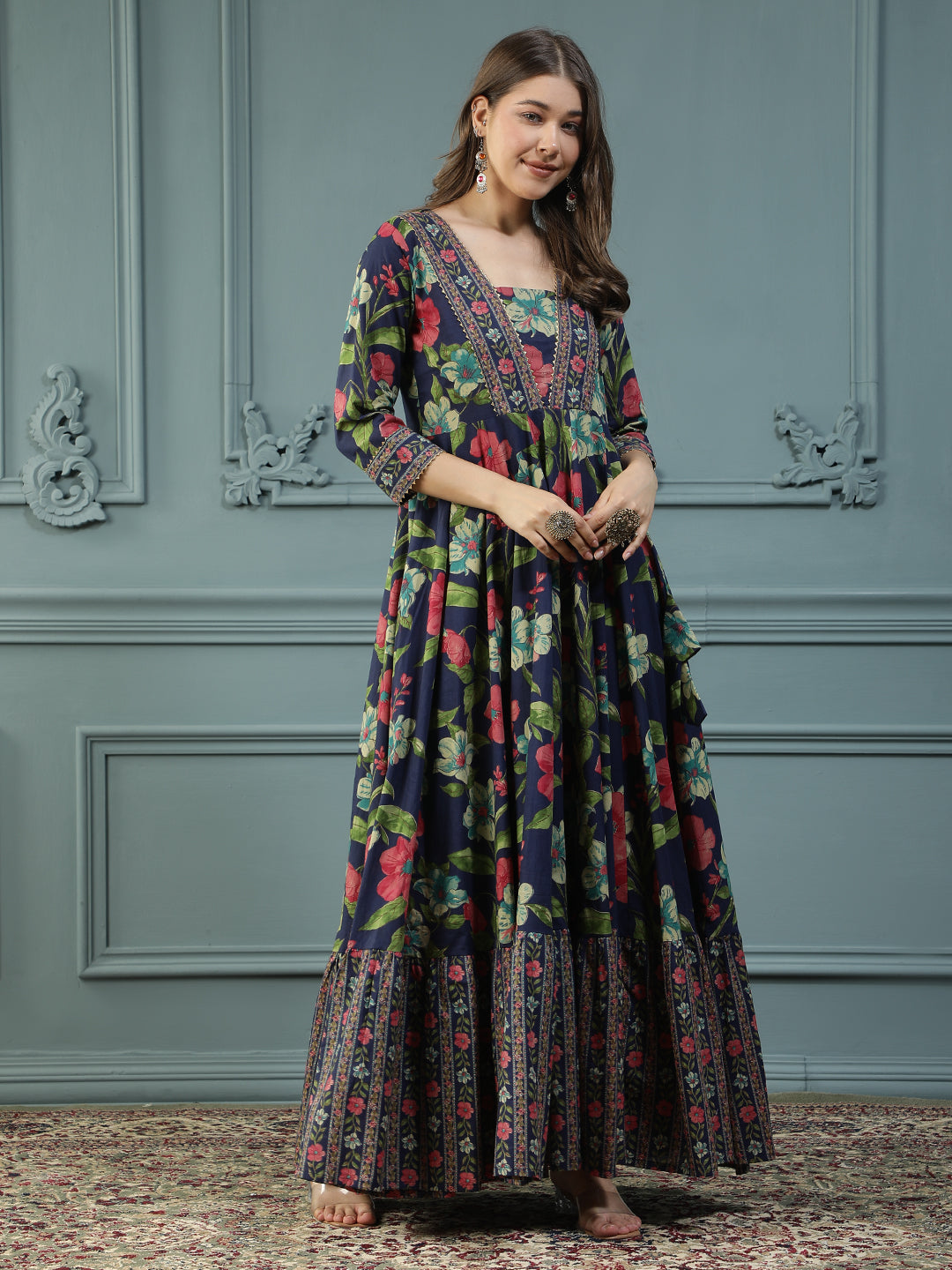 Floral Printed Embroidered Mirror Work Anarkali Kurta