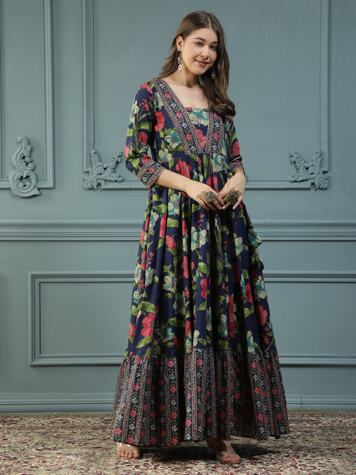 Floral Printed Embroidered Mirror Work Anarkali Kurta