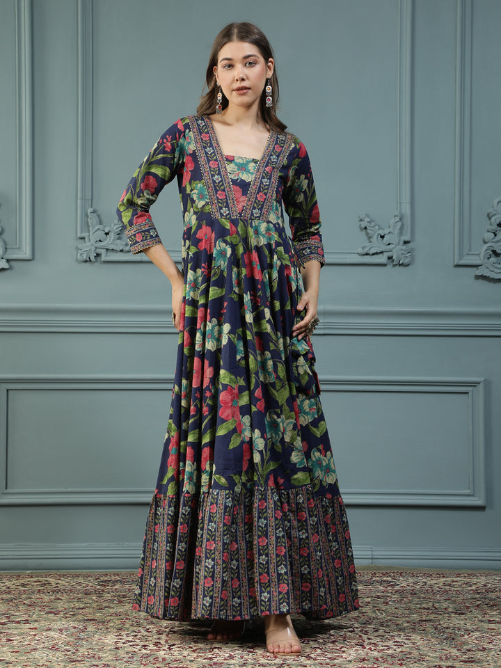 Floral Printed Embroidered Mirror Work Anarkali Kurta