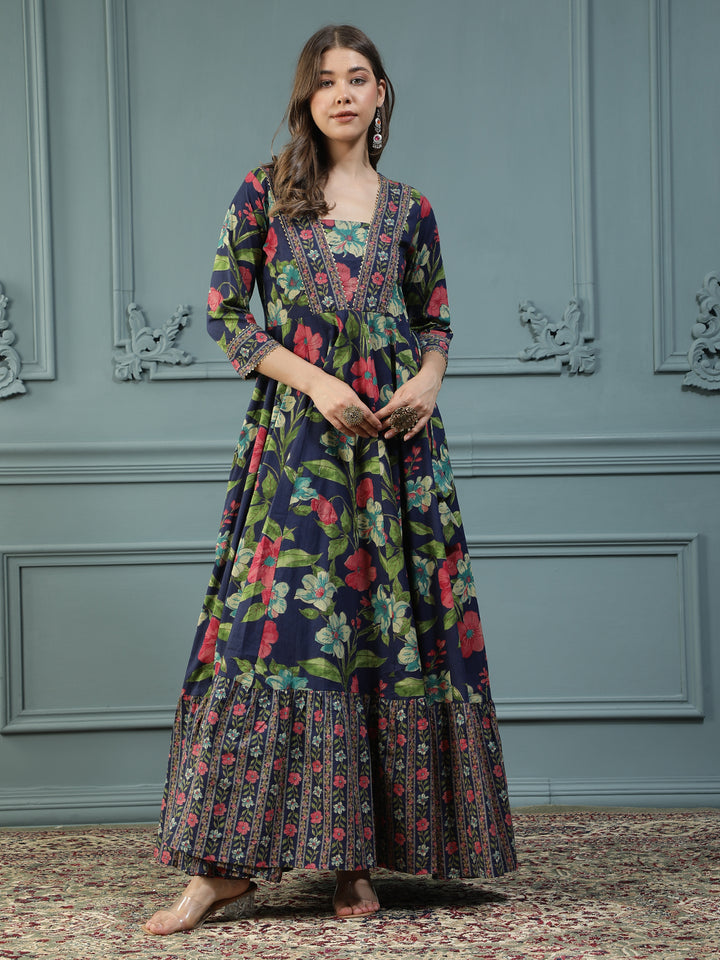 Floral Printed Embroidered Mirror Work Anarkali Kurta