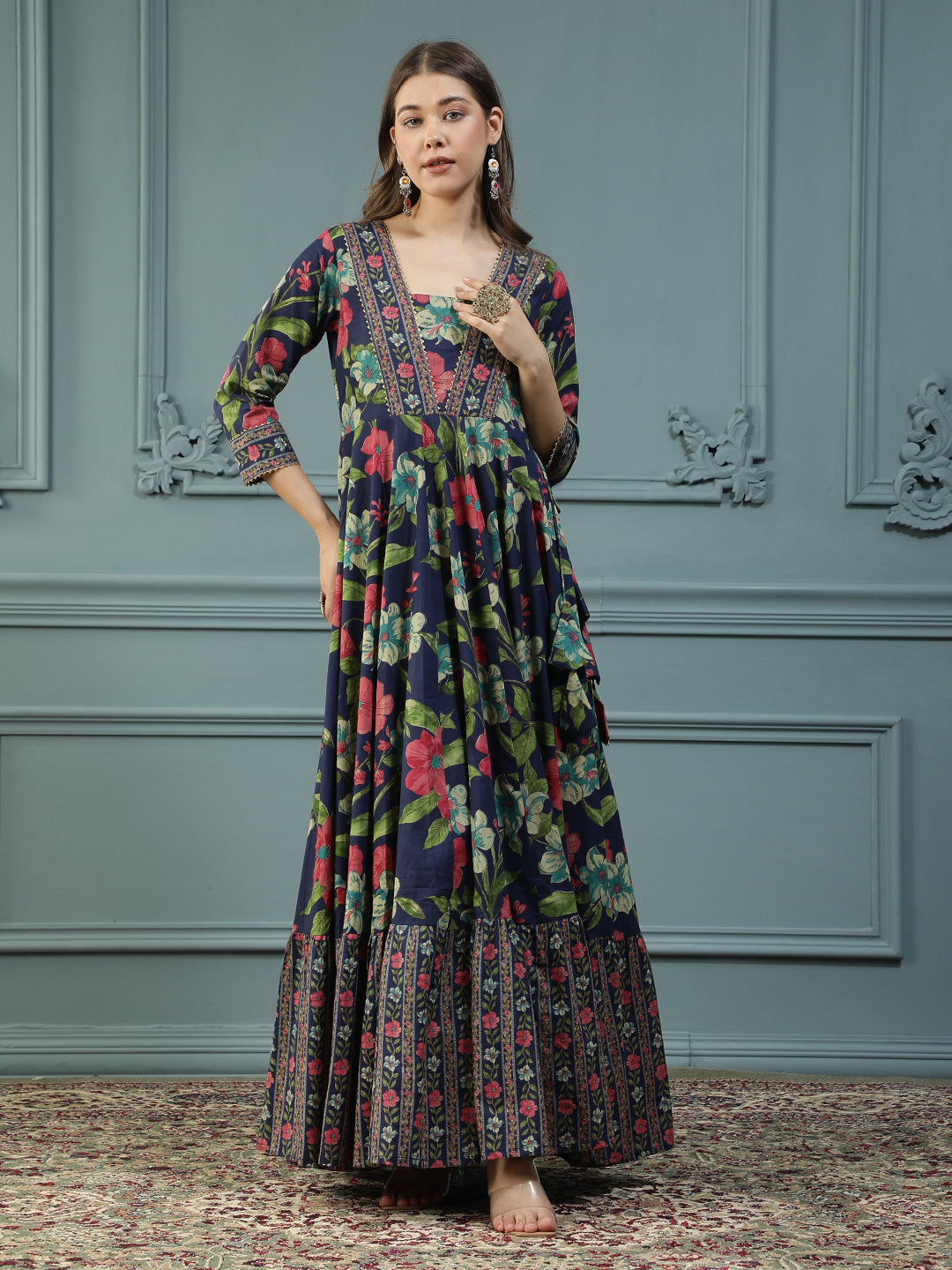 Floral Printed Embroidered Mirror Work Anarkali Kurta