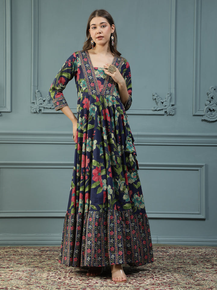 Floral Printed Embroidered Mirror Work Anarkali Kurta