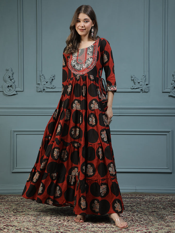 Floral Printed Embroidered Mirror Work Anarkali Kurta