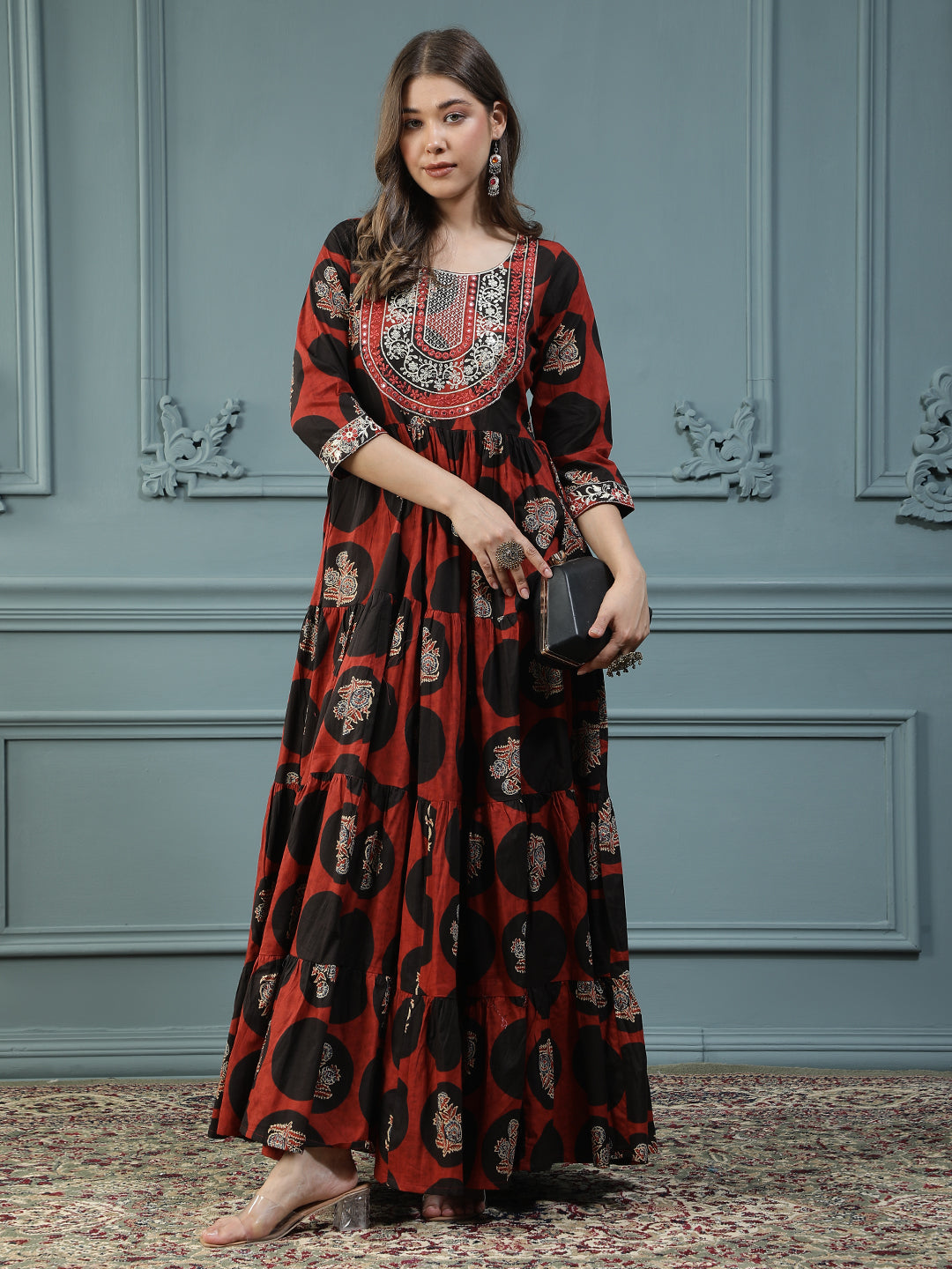 Floral Printed Embroidered Mirror Work Anarkali Kurta