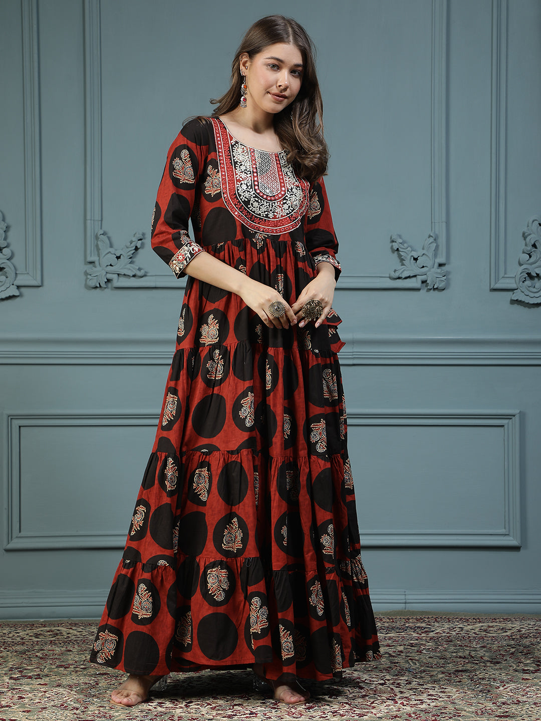 Floral Printed Embroidered Mirror Work Anarkali Kurta