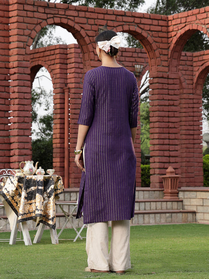 Wine Solid & Embroidered Rayon Straight Chicken Kurta