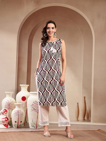 Wine Printed Rayon Straight Kurta