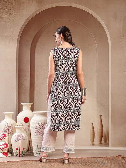 Wine Printed Rayon Straight Kurta