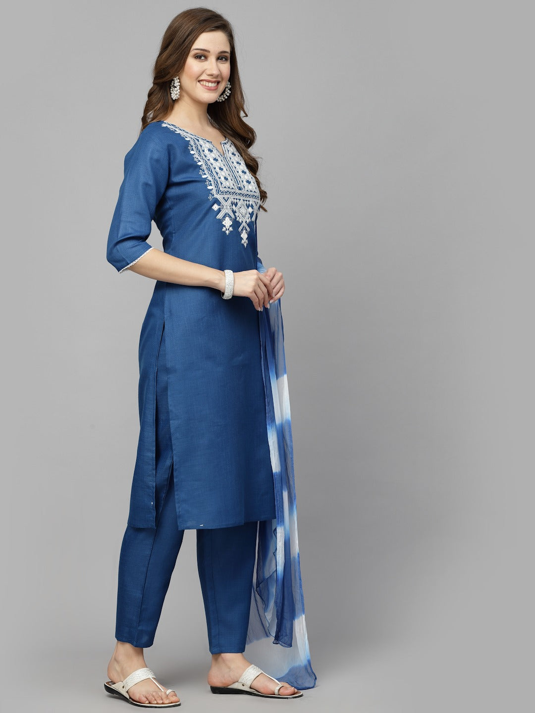 Embroidered Cotton Blend Straight Kurta Pant Dupatta Set (Pre-Order)