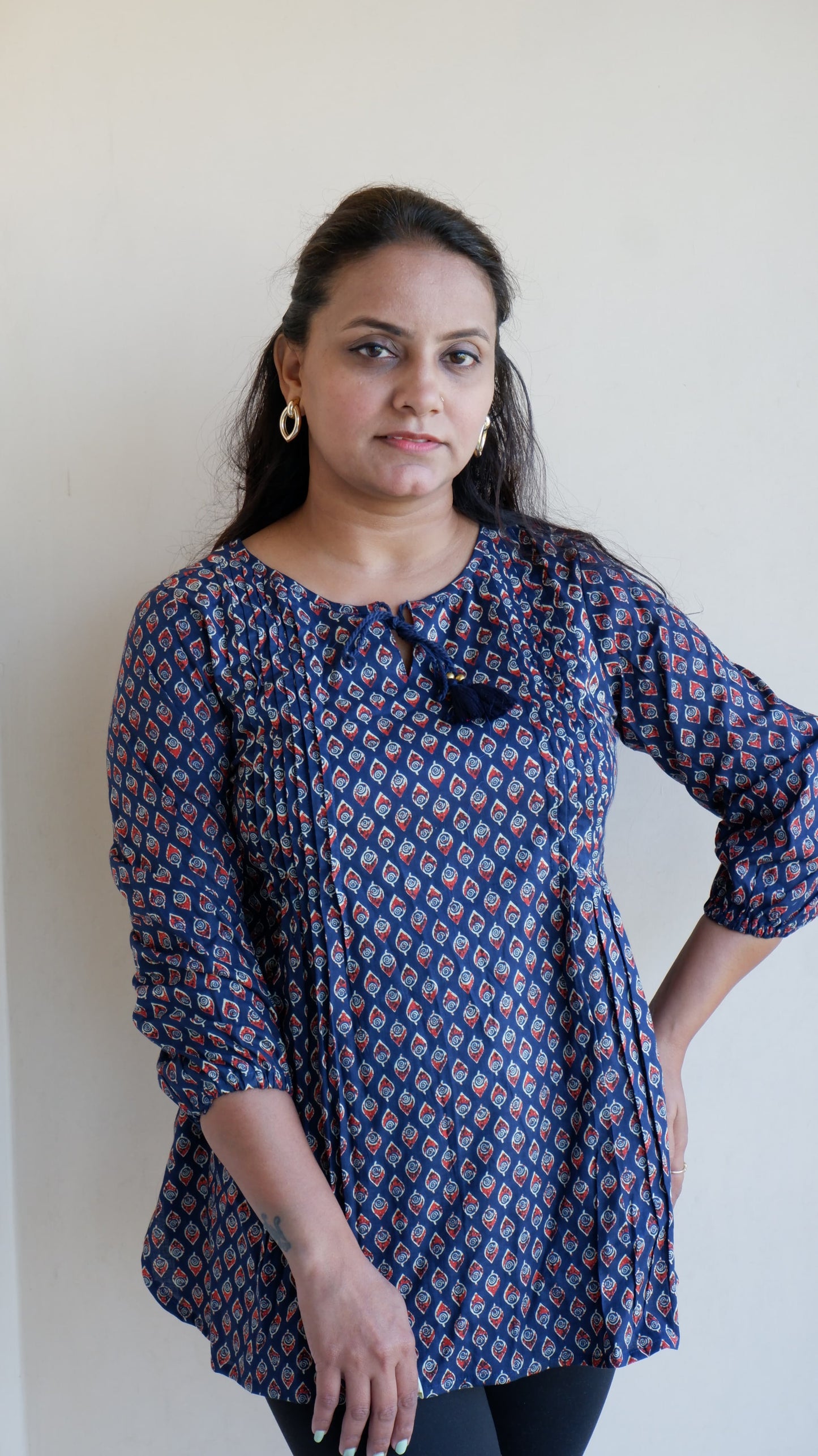 Printed Round Neck Three-Quarter Sleeves Top (Preorder)