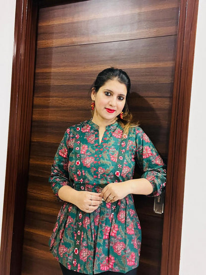 Printed Mandarin Collar Three-Quarter Sleeves Top (kimayra) (Preorder)