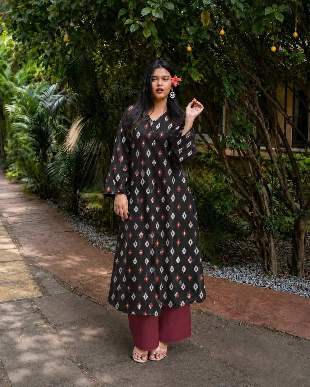 Ikat Printed Rayon A-Line Kurta With Palazzo