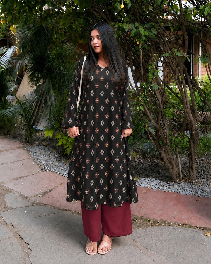 Ikat Printed Rayon A-Line Kurta With Palazzo