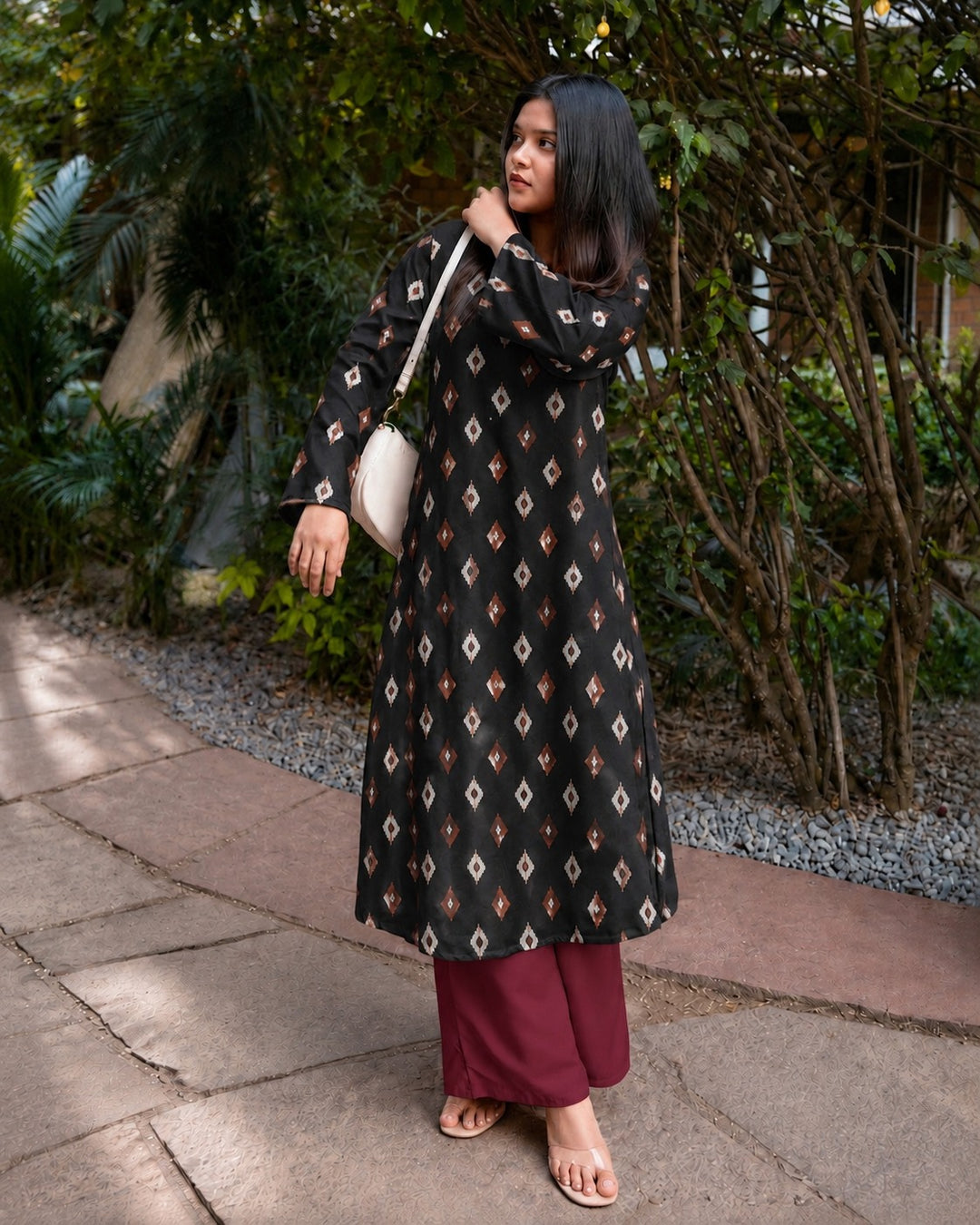 Ikat Printed Rayon A-Line Kurta With Palazzo