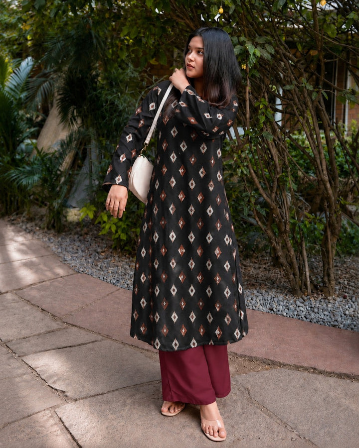 Ikat Printed Rayon A-Line Kurta With Palazzo
