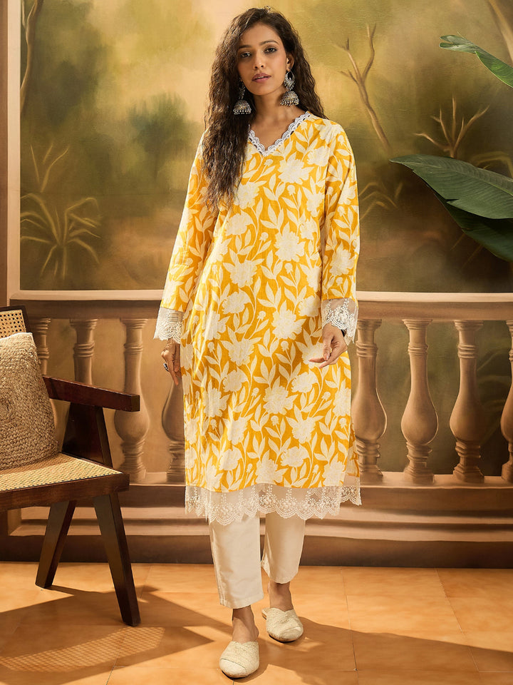 Floral Printed Cotton Straight Kurta