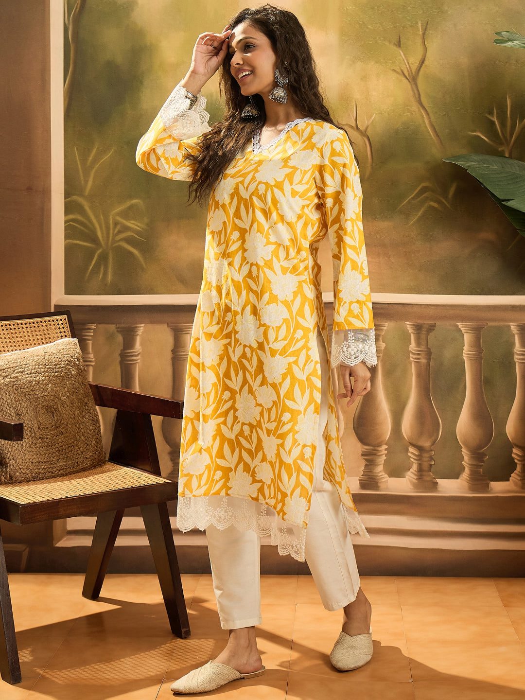 Floral Printed Cotton Straight Kurta