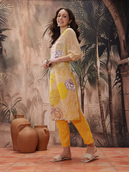 Floral Printed Polyester Straight Kurta