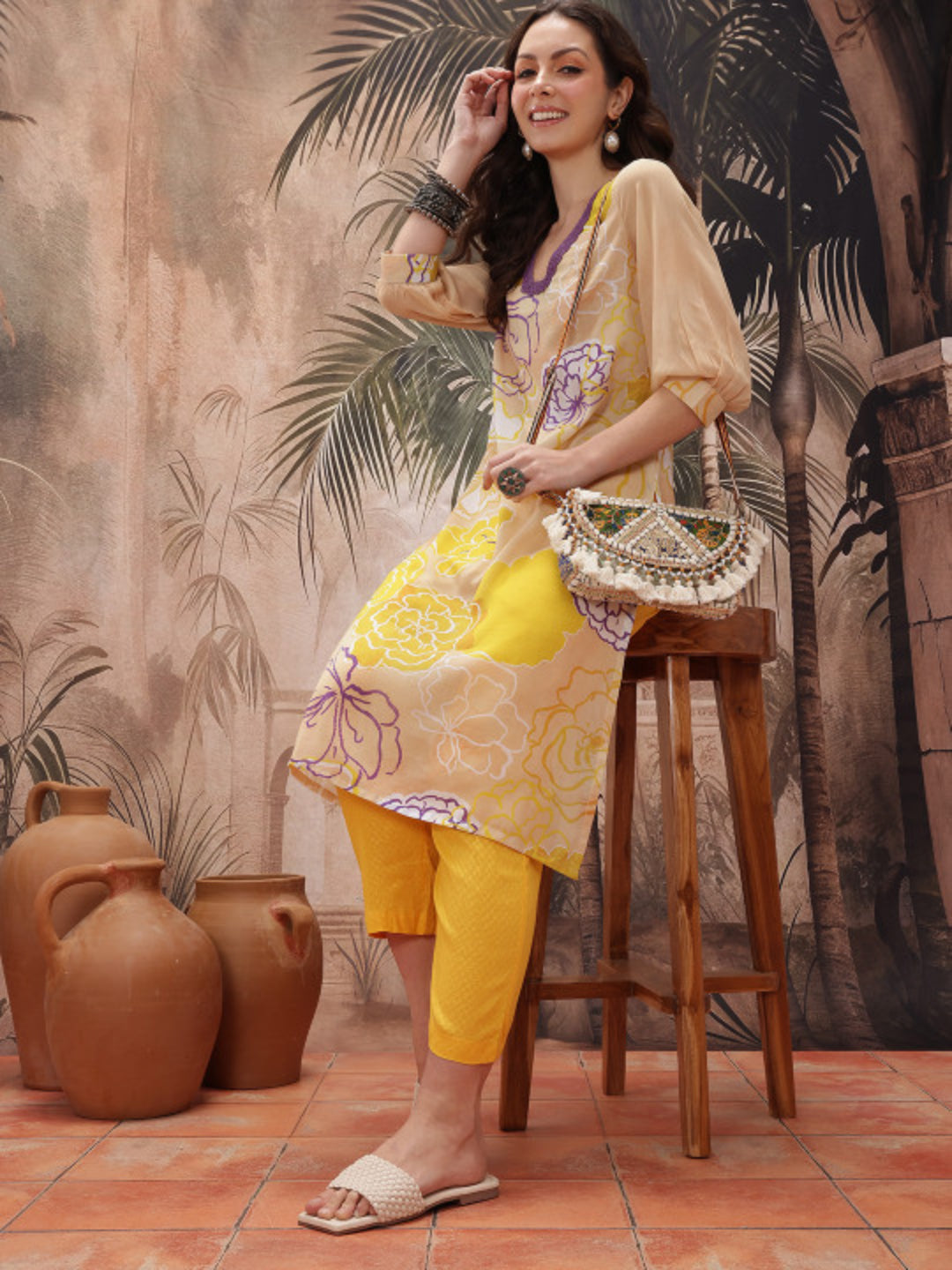 Floral Printed Polyester Straight Kurta
