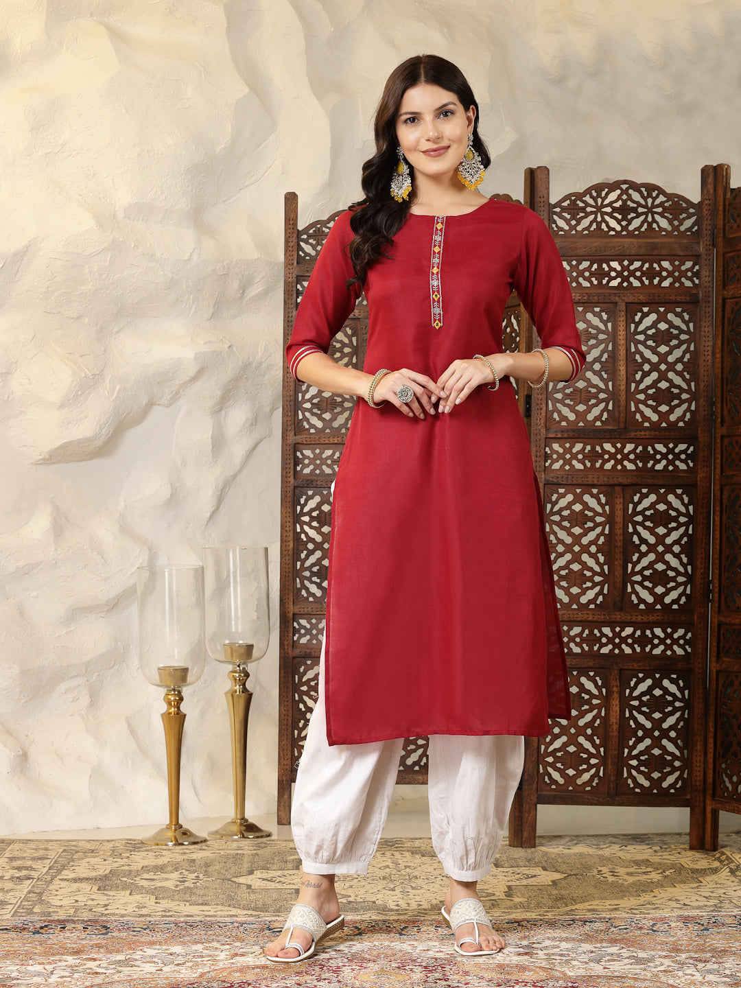Self Designed Cotton Blend Straight Kurta