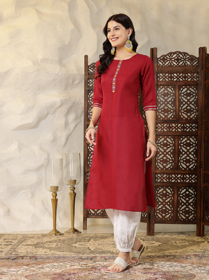 Self Designed Cotton Blend Straight Kurta
