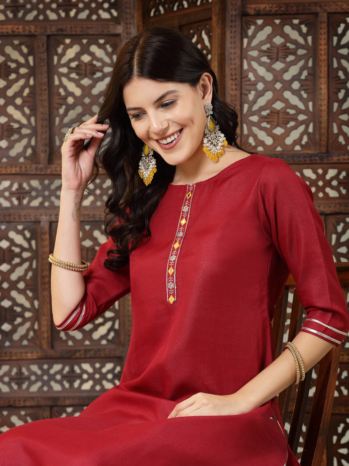 Self Designed Cotton Blend Straight Kurta
