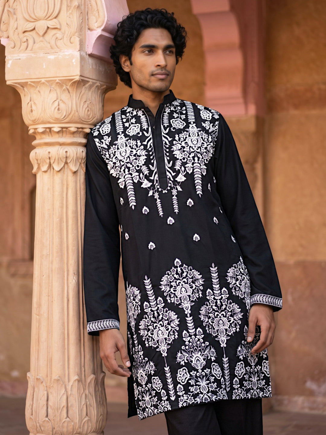 Embroidered Cotton Blend Kurta With Korean Pants
