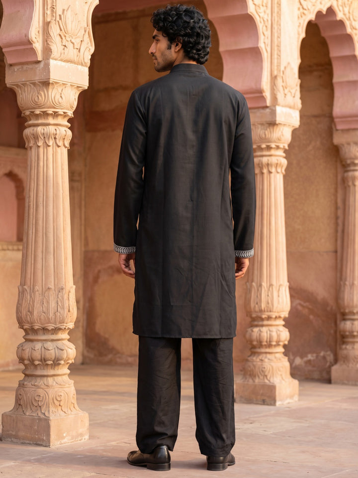 Embroidered Cotton Blend Kurta With Korean Pants