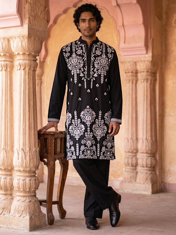 Embroidered Cotton Blend Kurta With Korean Pants