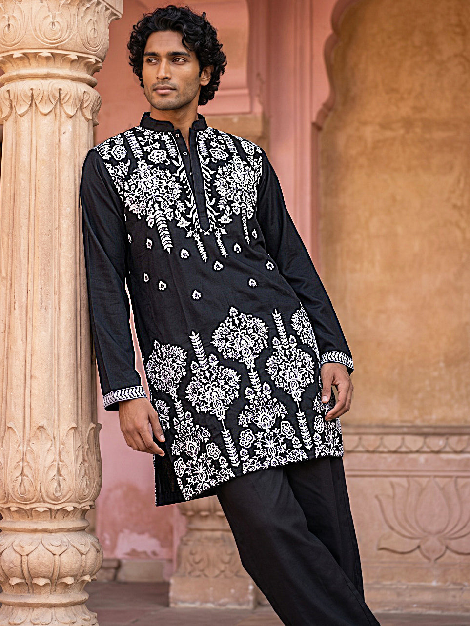 Embroidered Cotton Blend Kurta With Korean Pants
