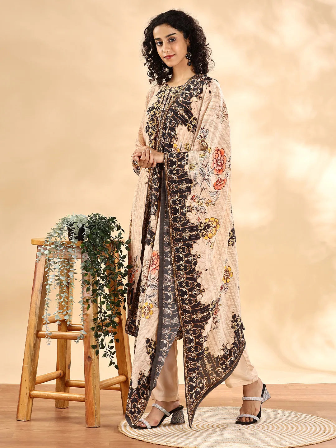 Beige And Brown Pure Silk Sequins Work Straight Kurta Dupatta Pant Set