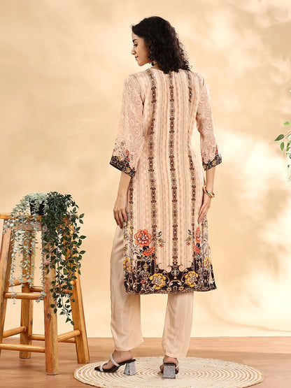 Beige And Brown Pure Silk Sequins Work Straight Kurta Dupatta Pant Set