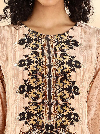 Beige And Brown Pure Silk Sequins Work Straight Kurta Dupatta Pant Set