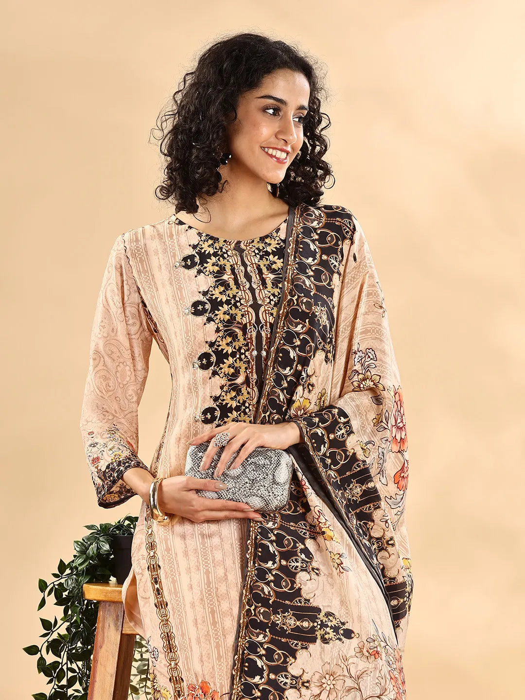 Beige And Brown Pure Silk Sequins Work Straight Kurta Dupatta Pant Set