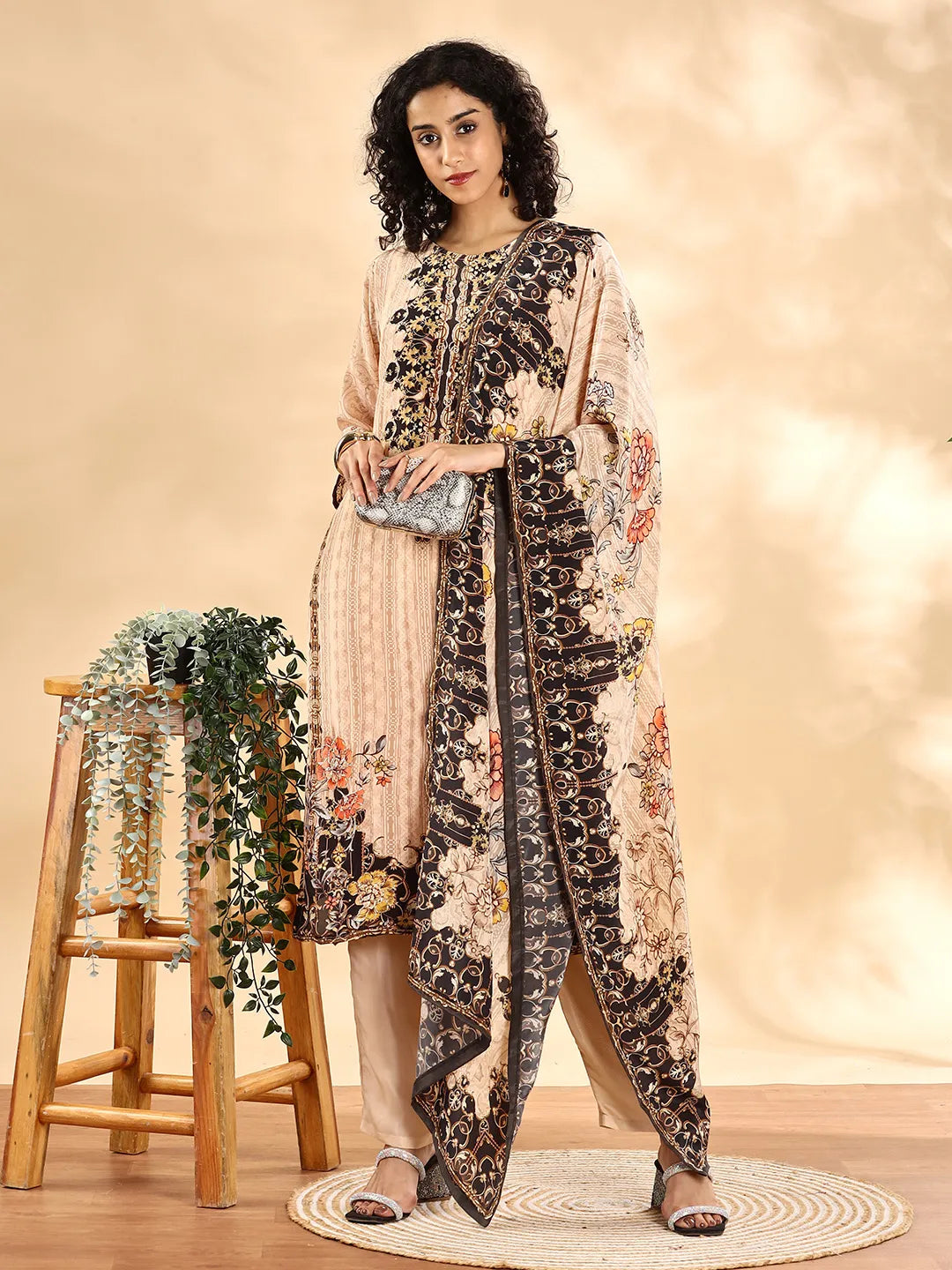 Beige And Brown Pure Silk Sequins Work Straight Kurta Dupatta Pant Set