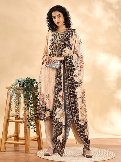 Beige And Brown Pure Silk Sequins Work Straight Kurta Dupatta Pant Set