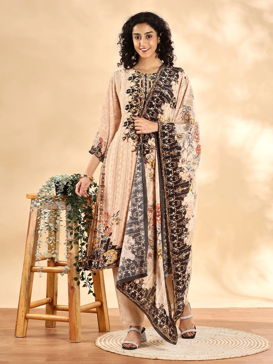 Women's Beige Cotton Beige And Brown Pure Silk Sequins Work Straight Kurta Dupatta Pant Set by Yufta, suitable for wholesale buyers, boutiques, retailers, resellers and bulk fashion orders from Trendphoria