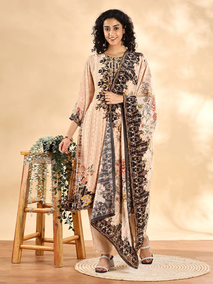 Women's Beige Cotton Beige And Brown Pure Silk Sequins Work Straight Kurta Dupatta Pant Set by Yufta, suitable for wholesale buyers, boutiques, retailers, resellers and bulk fashion orders from Trendphoria